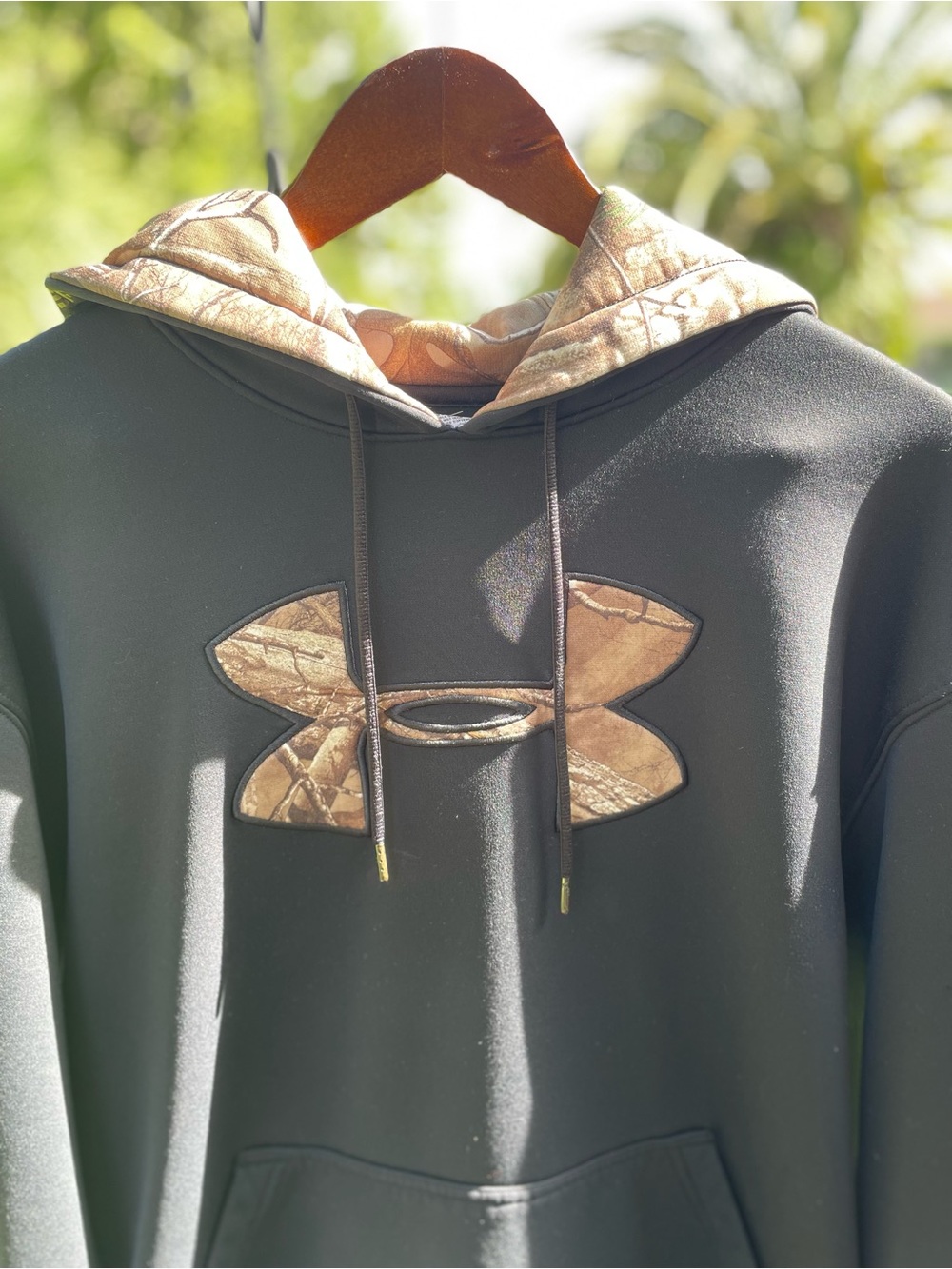 Under Armour Men's Black Hoodie with Brown Camo Logo and Lined Hood